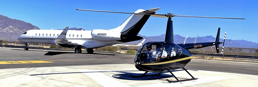 Helicopter ready for takeoff for a transfer from a private runway