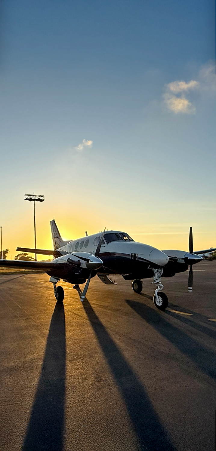 Executive jet parked at sunset in Baja California Sur